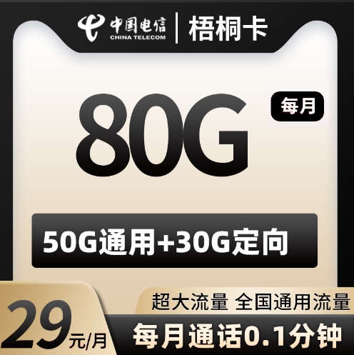 电信梧桐卡 20年29元80G 2024年8月