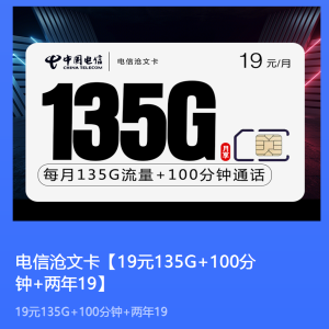 电信沧文卡【19元135G+100分钟+两年19】