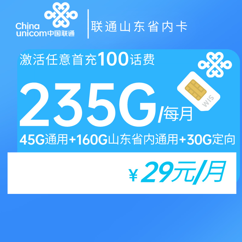 联通山东省内卡 29月租+235G流量+100分钟【仅限山东区域下单】 2024年8月