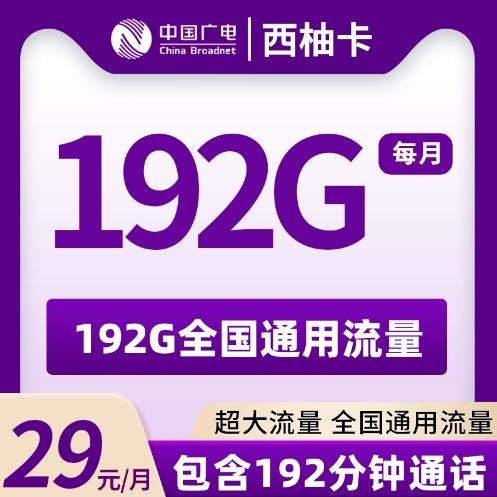 广电西柚卡 29元192G＋192分钟  2024年8月